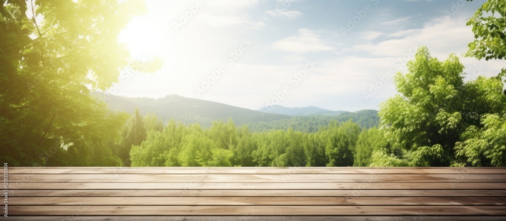 Poster summer landscape with vibrant green trees in background sunlight casting gentle glow on wooden deck 