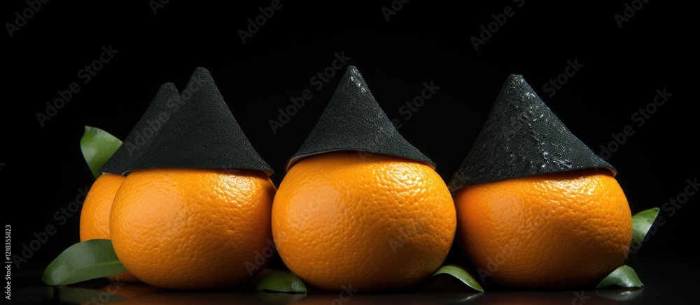 Poster tangerines with black santa hats arranged symmetrically on a dark background, featuring green leaves