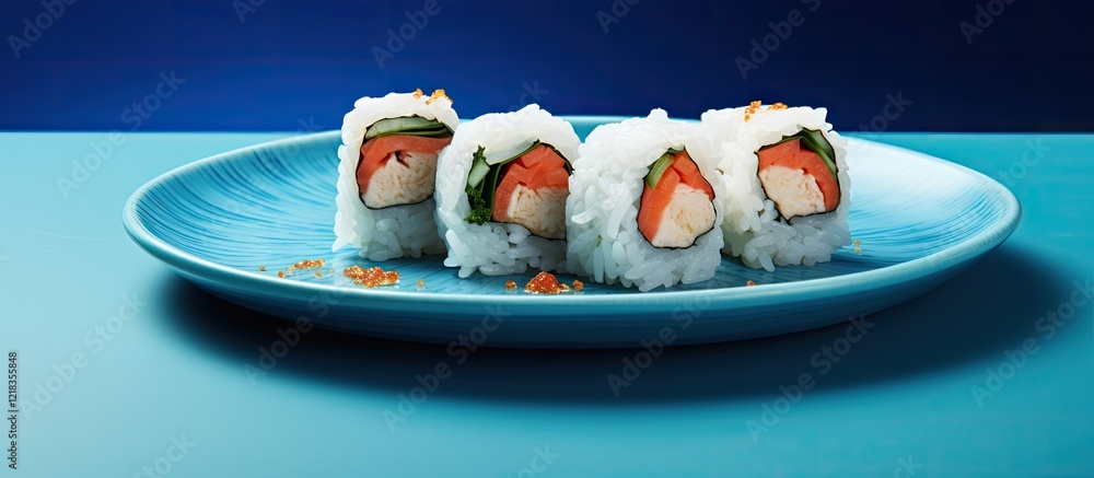 Poster fresh sushi rolls arranged on a vibrant turquoise plate against a deep blue background with ample co