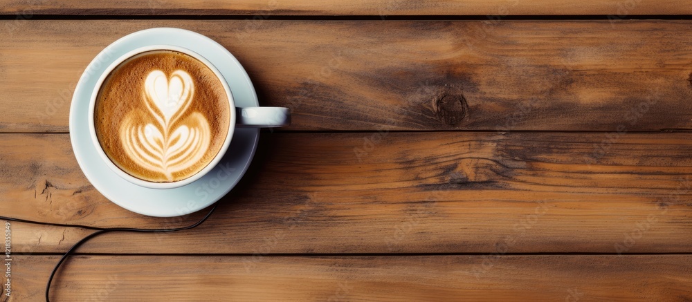 Aufkleber coffee cup with heart latte art on rustic wooden table brown tones with blue cup positioned on the l