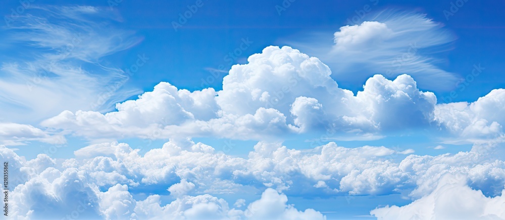 Poster vibrant fluffy white clouds against a bright blue sky with ample negative space for text overlay occ