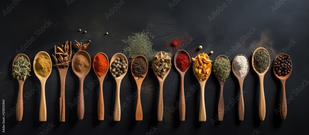 Aufkleber Wooden spoons arranged in a row on a dark surface displaying various colorful spices including red, yellow, and green against a gray background
