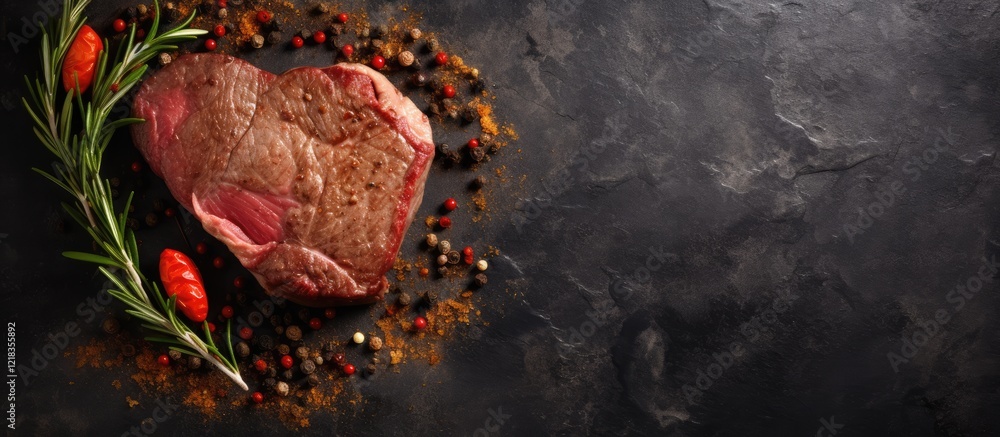 Poster heart-shaped beef steak surrounded by spices on a textured stone background featuring rich browns an