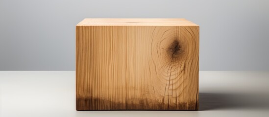 Wooden block on a light grey table against a soft white background highlighting the texture and grain of the wood with space for text or graphics