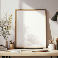 Minimalist Workspace Photograph with Blank Frame and Botanicals for Home Office Inspiration
