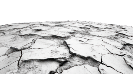 Cracked earth surface with intricate patterns, showcasing the impacts of drought or climate change on the land, isolated on black background.