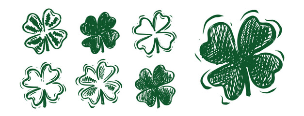 Green Clover set on white, Saint Patricks Day, hand drawn illustrations.	
