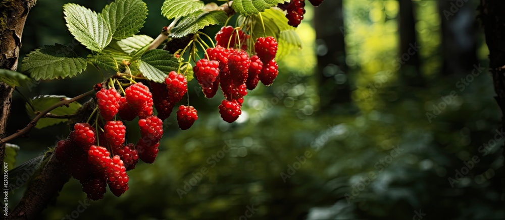 Aufkleber Lush red raspberries hanging from a green branch in a European forest with soft blurred background creating ample copy space for text