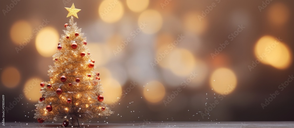 Aufkleber elegant blurred christmas tree adorned with red ornaments and a star on top, warm golden bokeh backg