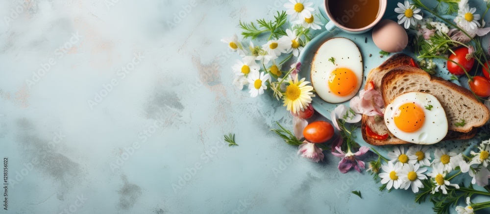 Poster top down view of breakfast with toast and fried eggs on a plate surrounded by colorful quail eggs fl