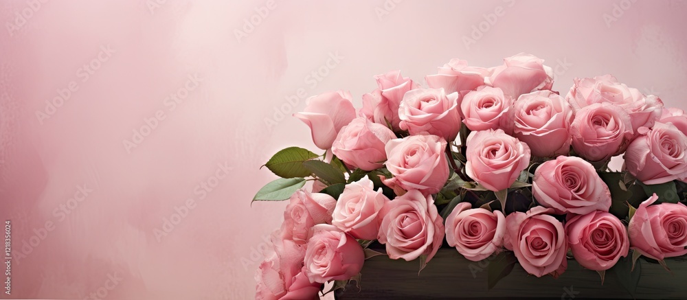 Aufkleber Soft pink roses arranged elegantly in a cluster against a smooth pastel background, ideal for adding text or graphics in a copy space format.
