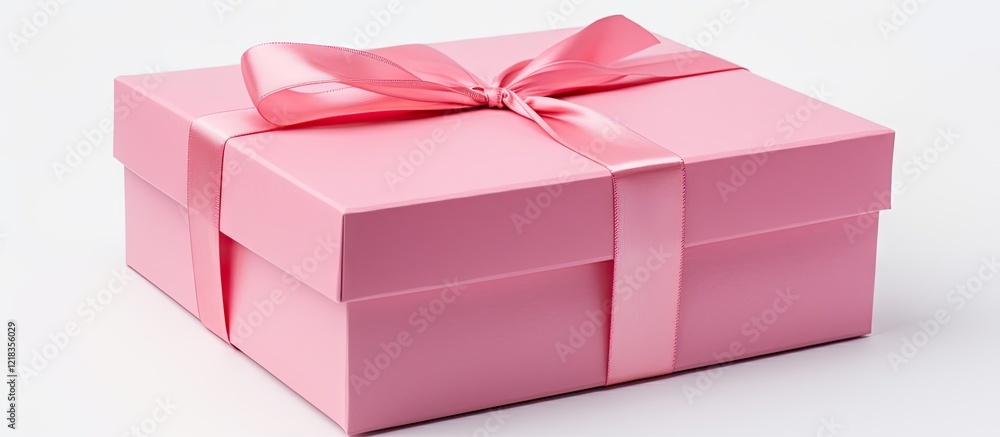 Poster Elegant pink gift box with a soft satin ribbon displayed on a pristine white background providing ample copy space for personalized design elements.