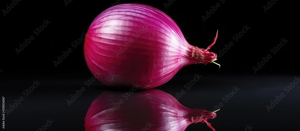 Poster vibrant red onion with glossy skin positioned centrally against a black background, reflecting its s