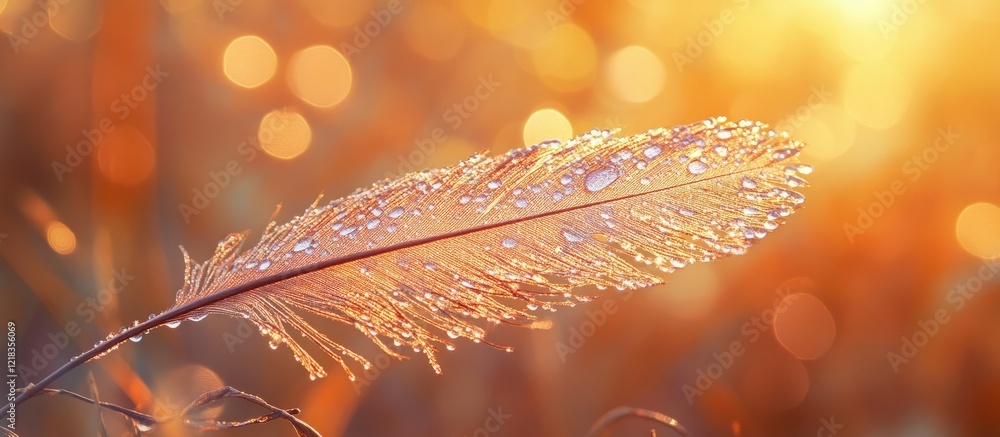 Aufkleber dewy autumn feather glistening in warm golden light against a softly blurred bokeh background creati