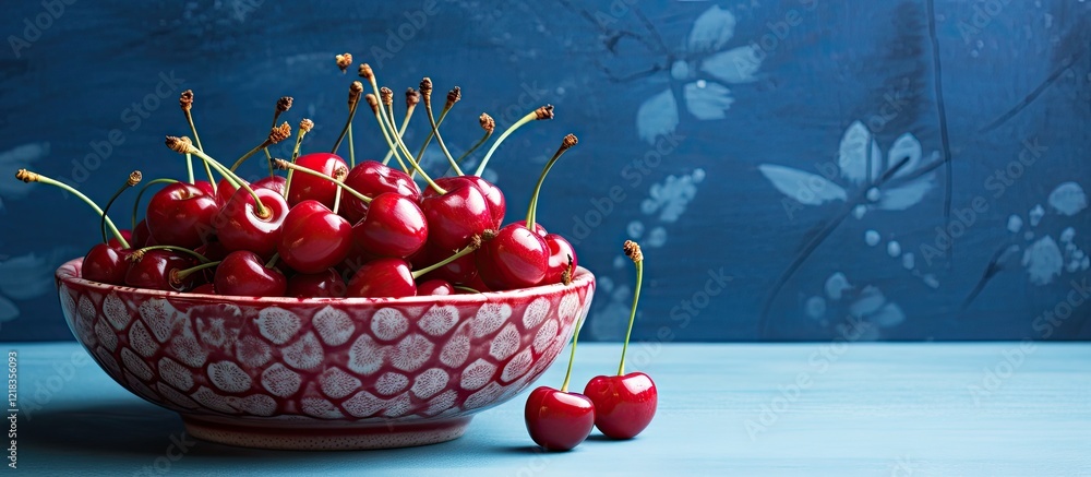 Aufkleber vibrant red cherries in a vintage bowl set against a textured blue background with floral patterns, 