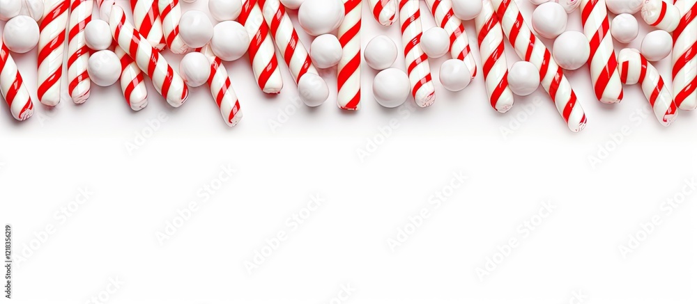Poster Striped red and white candy canes scattered on a white background creating ample copy space for seasonal designs and messages