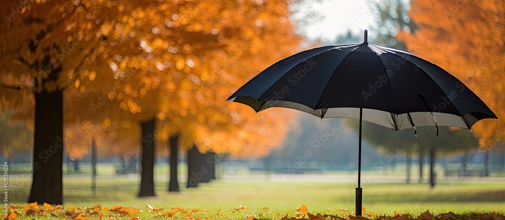 Poster black open umbrella in an autumn park surrounded by vibrant orange foliage on a sunny day, creating 