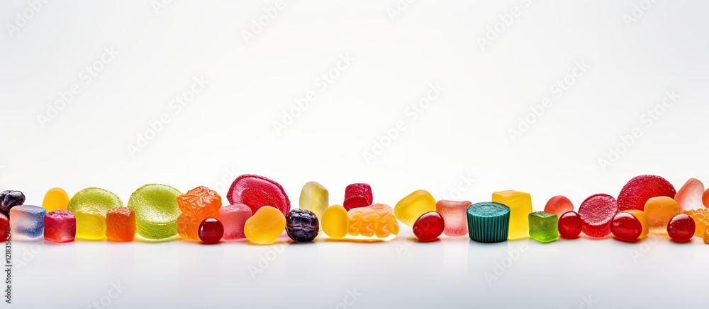 Poster colorful assortment of jelly candies and marmalade arranged in a flat lay on a white background with