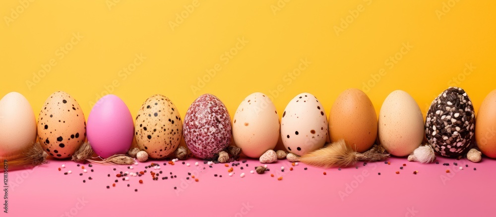 Aufkleber colorful easter eggs in a row on a vibrant yellow and pink backdrop showcasing various patterns and 