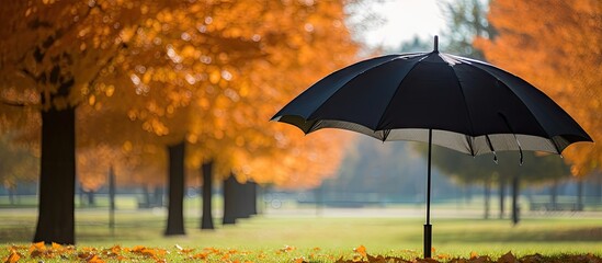 Black open umbrella in an autumn park surrounded by vibrant orange foliage on a sunny day, creating a striking contrast with ample copy space.