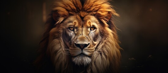 Fototapeta premium Majestic lion with a striking mane centered in the frame against a dark blurred background, featuring warm golden and brown tones for dramatic effect.