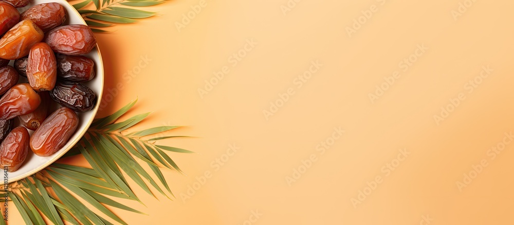 Poster ripe dates displayed in a white bowl on a light orange background with green palm leaves on the side