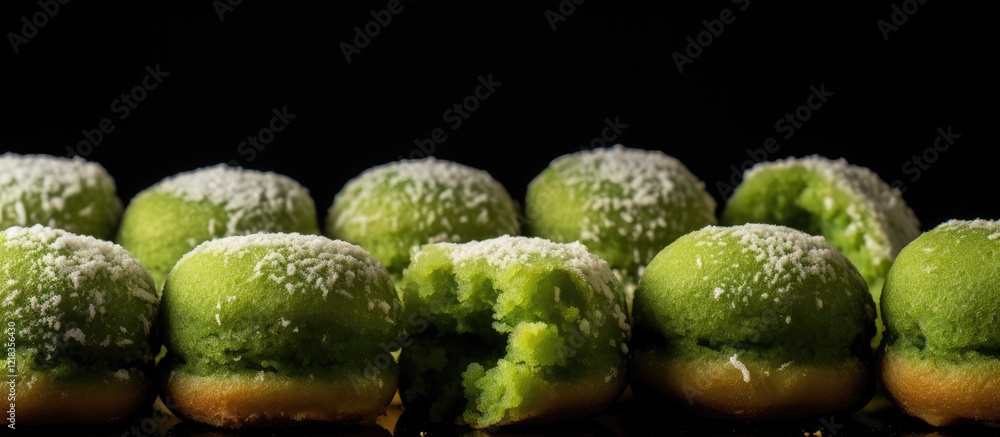 Poster delicious green pastries dusted with powdered sugar arranged in a row on a black background with one