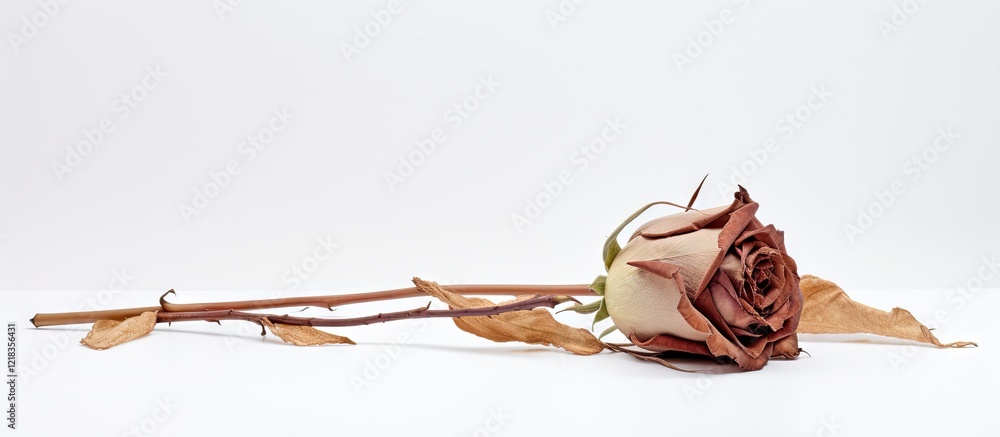 Aufkleber Dried rose lying horizontally on white background with dried, curled leaves creating empty space for text or other images on the right side.