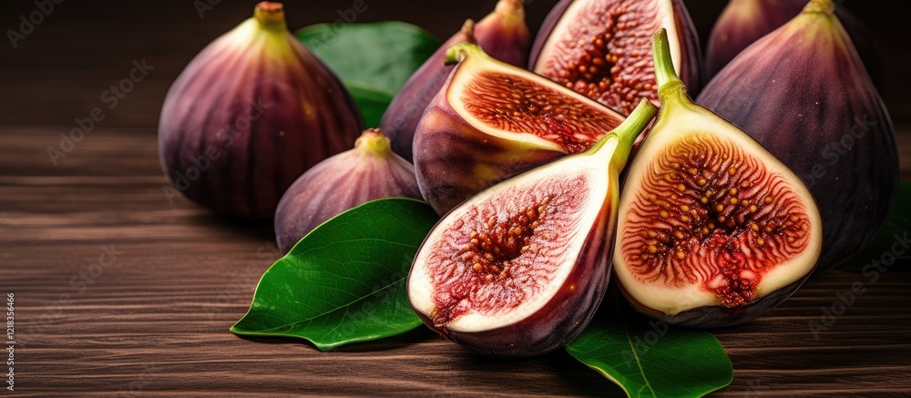 Poster ripe figs whole and sliced arranged artistically on a dark wooden table with green leaves providing 
