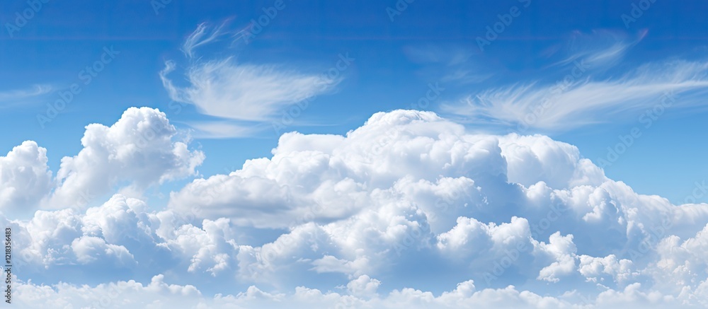 Poster Scenic landscape featuring a clear blue sky filled with soft white clouds on the left side, creating ample space for text on the right.