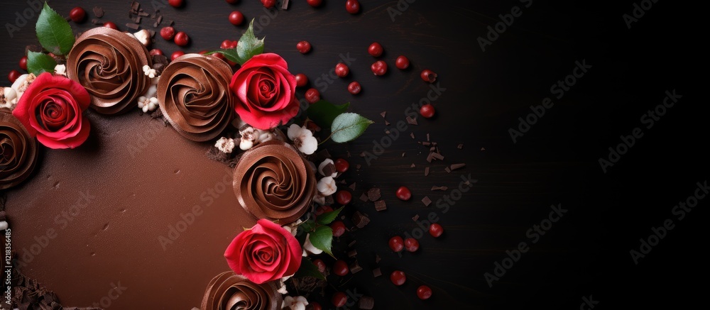 Poster homemade chocolate cake viewed from above with intricate buttercream roses in deep red and silver ed