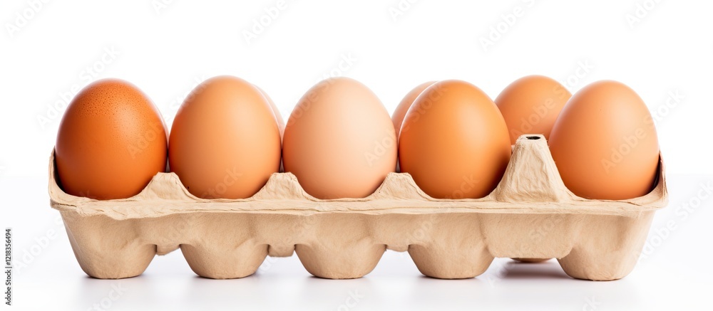 Poster Carton of six brown and beige eggs laid horizontally on a white background with ample negative space for text or graphics alongside the eggs.