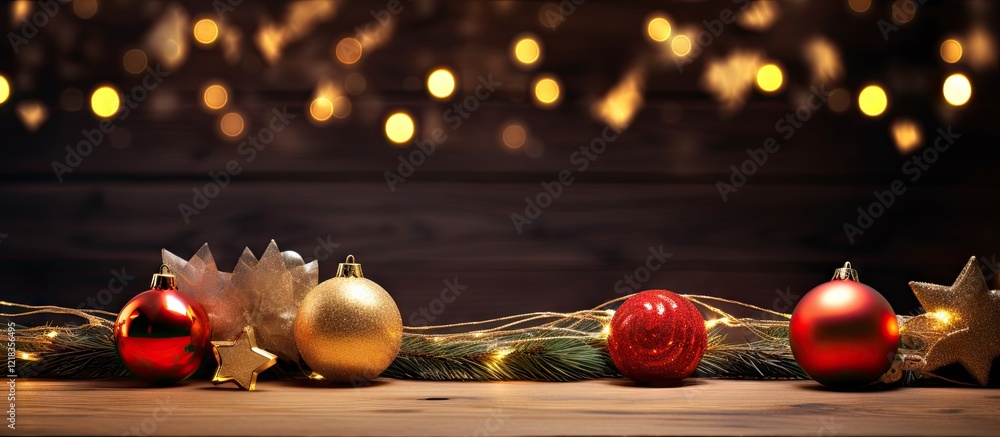Aufkleber festive wooden surface decorated with red and gold ornaments twinkling lights and space for text cre