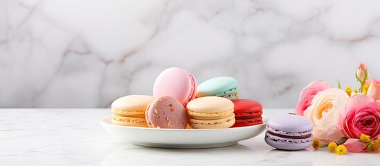 Colorful macarons arranged on a white plate on a white marble table with roses beside, ample negative space for additional content.