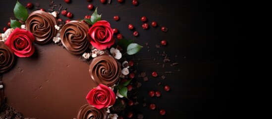 Homemade chocolate cake viewed from above with intricate buttercream roses in deep red and silver edible dragee on a dark textured background.