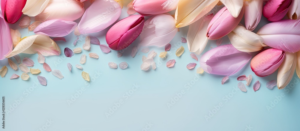 Aufkleber vibrant flat lay of pink and white tulip petals feathers and pastel egg shells on soft blue backgrou