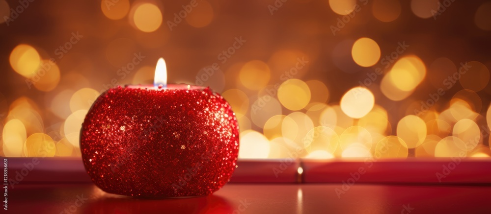 Poster red glitter candle with a soft glowing flame positioned left on a reflective surface, against a warm