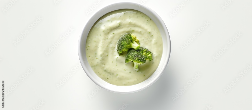 Poster broccoli cream soup in a white bowl top view with green hues and broccoli florets centered on a clea