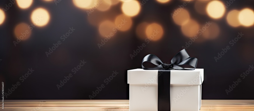 Poster White gift box with black ribbon centered on wooden table against blurred warm bokeh background creating ample copy space for text and designs.