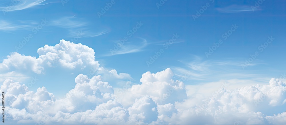 Poster Bright blue sky with fluffy white clouds scattered across the upper section, creating ample copy space in the lower area for text or images.