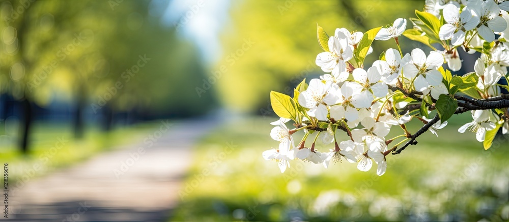 Poster blurry bokeh background featuring blossoming white flowers on branches with bright green foliage und