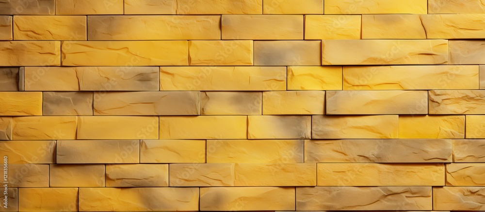 Fototapete yellow and brown textured brick wall cladding with horizontal panels, showcasing a vivid yellow back