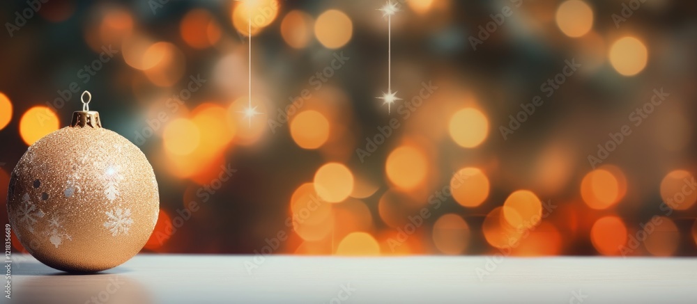 Poster warm golden and soft orange bokeh background with a decorative ball in the foreground conveying chri