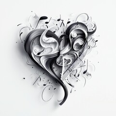 Abstract heart shape design with musical notes in black and white artistic representation for creative projects and concepts