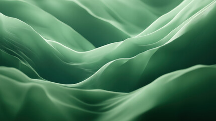 Obraz premium Abstract Mountain Terrain with Serene Ocean Theme and Bright 3D Objects, Calm Water Bodies, Smooth Curved Lines, Green Tone Artwork