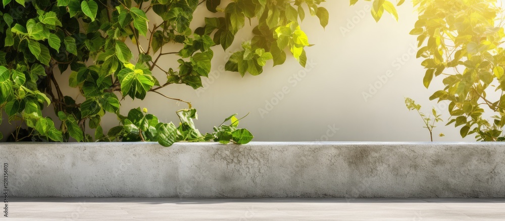 Poster serene outdoor scene featuring lush green leaves on the left with sunlight casting a warm glow on a 