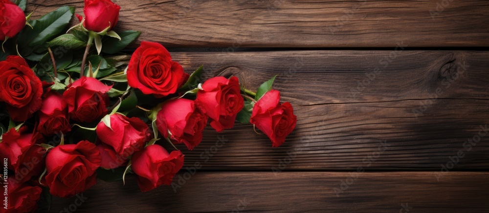 Poster A bouquet of bright red roses on a dark rustic wooden surface with ample copy space on the right for text or branding elements.