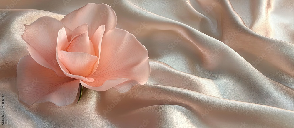 Poster delicate pink flower positioned on soft beige silk fabric creating a serene contrast that highlights