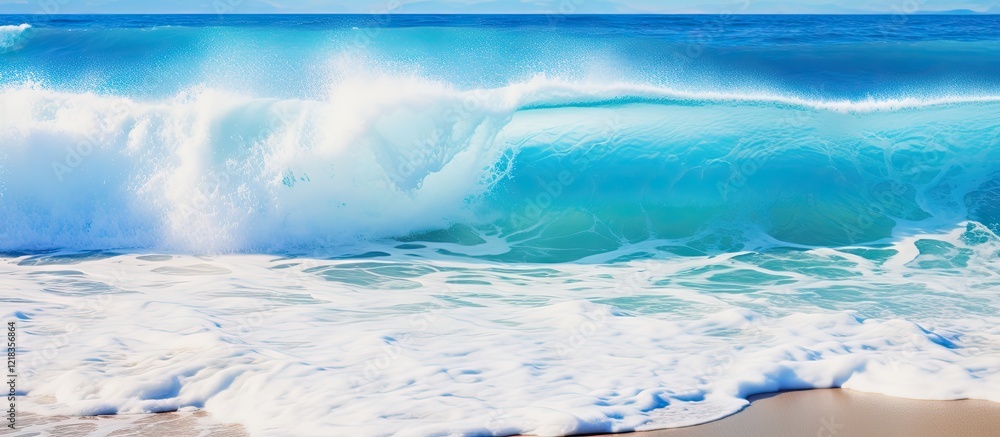 Poster serene turquoise ocean wave crashing onto a soft sandy shore with bright blue skies creating a refre