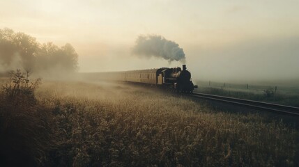 Naklejka premium Misty Morning Train Journey: A Steam Locomotive Chugging Through Foggy Fields